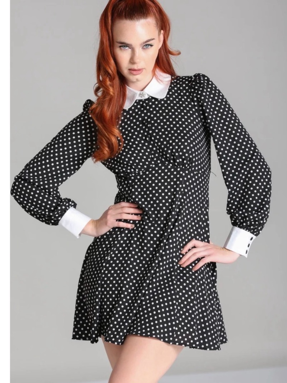 Black Polka Dot Maxi Dress with White Contrast Collar